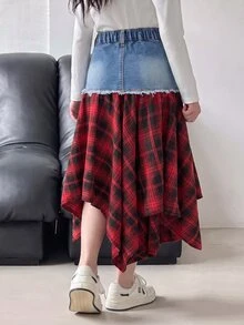 SHEIN Kids Tween Girl Red And Black Checkered Pattern And Asymmetrical Hemline Christmas Blue Denim Skirt - Blue - View 2