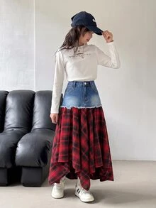 SHEIN Kids Tween Girl Red And Black Checkered Pattern And Asymmetrical Hemline Christmas Blue Denim Skirt - Blue - View 5