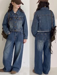 SHEIN Setelan 2 Potong Jaket Pendek dan Celana Denim Biru Tua Longgar Bergaya Vintage untuk Anak Perempuan Remaja. - Biru - View 1