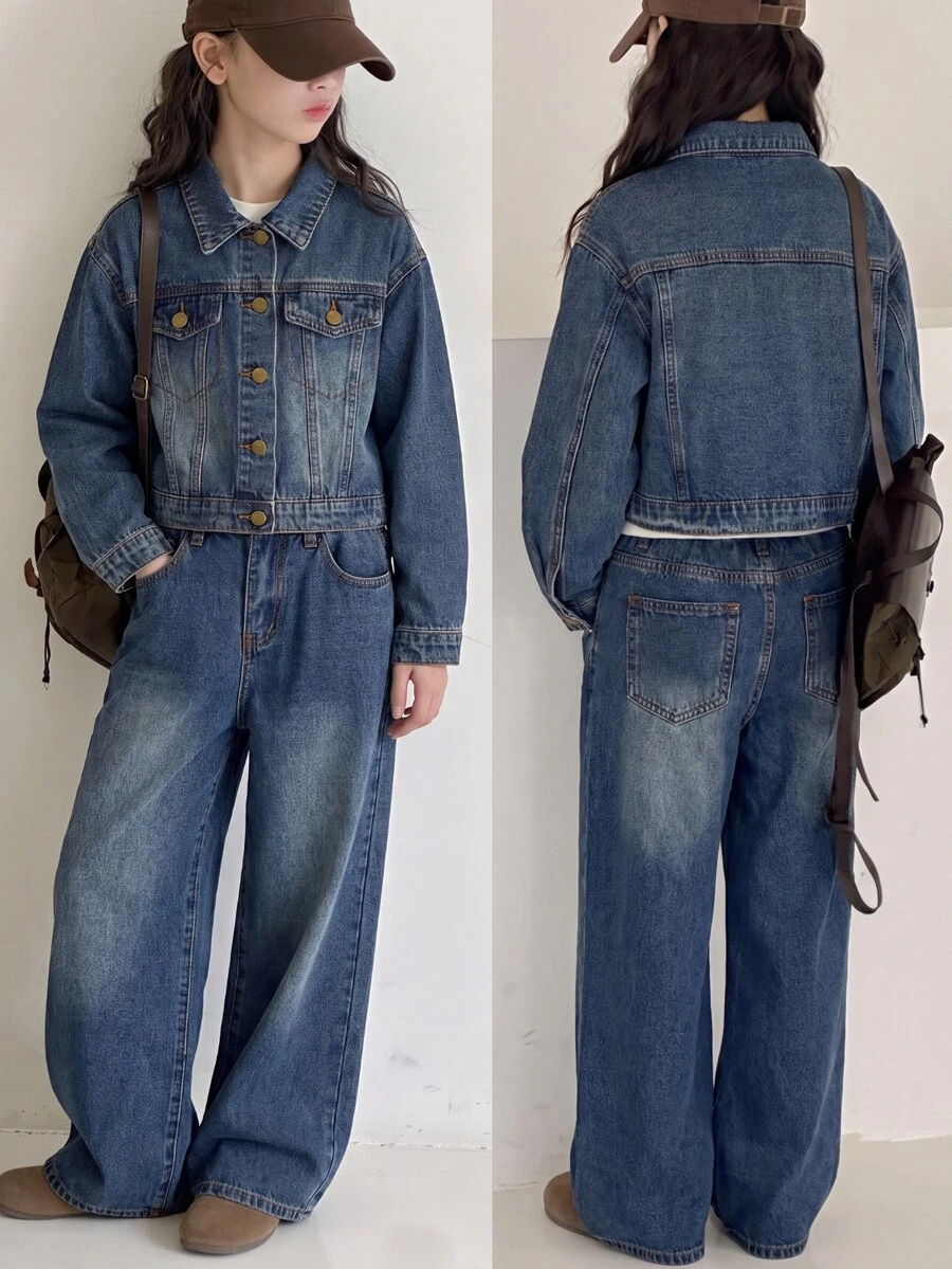 SHEIN Setelan 2 Potong Jaket Pendek dan Celana Denim Biru Tua Longgar Bergaya Vintage untuk Anak Perempuan Remaja. - Biru - View 1