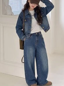 SHEIN Setelan 2 Potong Jaket Pendek dan Celana Denim Biru Tua Longgar Bergaya Vintage untuk Anak Perempuan Remaja. - Biru - View 3