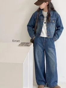 SHEIN Setelan 2 Potong Jaket Pendek dan Celana Denim Biru Tua Longgar Bergaya Vintage untuk Anak Perempuan Remaja. - Biru - View 5