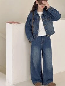 SHEIN Setelan 2 Potong Jaket Pendek dan Celana Denim Biru Tua Longgar Bergaya Vintage untuk Anak Perempuan Remaja. - Biru - View 7