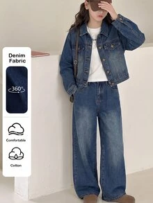 SHEIN Setelan 2 Potong Jaket Pendek dan Celana Denim Biru Tua Longgar Bergaya Vintage untuk Anak Perempuan Remaja. - Biru - View 6