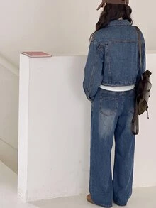 SHEIN Setelan 2 Potong Jaket Pendek dan Celana Denim Biru Tua Longgar Bergaya Vintage untuk Anak Perempuan Remaja. - Biru - View 2