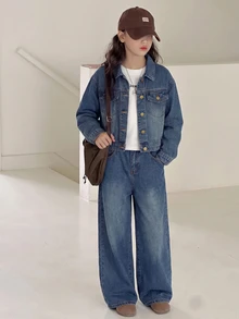 SHEIN Setelan 2 Potong Jaket Pendek dan Celana Denim Biru Tua Longgar Bergaya Vintage untuk Anak Perempuan Remaja. - Biru - View 8
