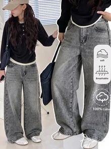 SHEIN Celana Jeans Anak Perempuan Remaja Gaya Y2K Musim Gugur/Dingin Abu-abu Denim dengan Isian dan Kain Lebih Tebal, Model Longgar - Grey - View 3