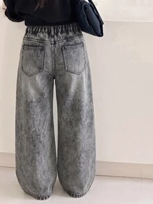 SHEIN Celana Jeans Anak Perempuan Remaja Gaya Y2K Musim Gugur/Dingin Abu-abu Denim dengan Isian dan Kain Lebih Tebal, Model Longgar - Grey - View 2