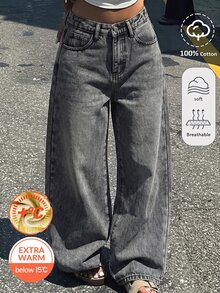 SHEIN Celana Jeans Anak Perempuan Remaja Gaya Y2K Musim Gugur/Dingin Abu-abu Denim dengan Isian dan Kain Lebih Tebal, Model Longgar - Grey - View 1