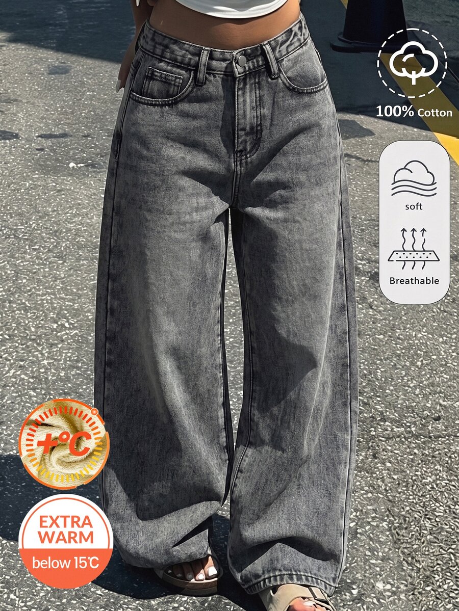 SHEIN Celana Jeans Anak Perempuan Remaja Gaya Y2K Musim Gugur/Dingin Abu-abu Denim dengan Isian dan Kain Lebih Tebal, Model Longgar - Grey - View 1