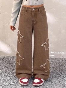 SHEIN Kids Tween Girl Y2k Fashion Casual Ruffled Star-Shaped Brown Loose Wide-Leg Jeans For Black To School - Brown - View 2