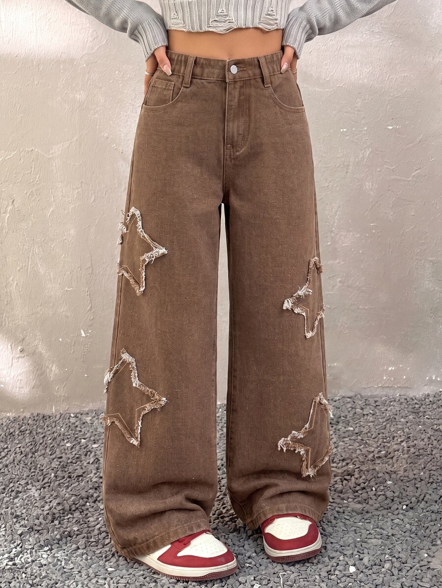 SHEIN Kids Tween Girl Y2k Fashion Casual Ruffled Star-Shaped Brown Loose Wide-Leg Jeans For Black To School - Brown - View 1