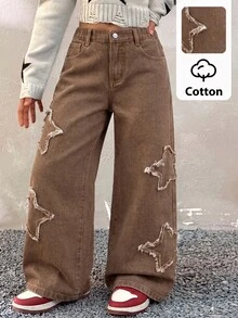 SHEIN Kids Tween Girl Y2k Fashion Casual Ruffled Star-Shaped Brown Loose Wide-Leg Jeans For Black To School - Brown - View 1