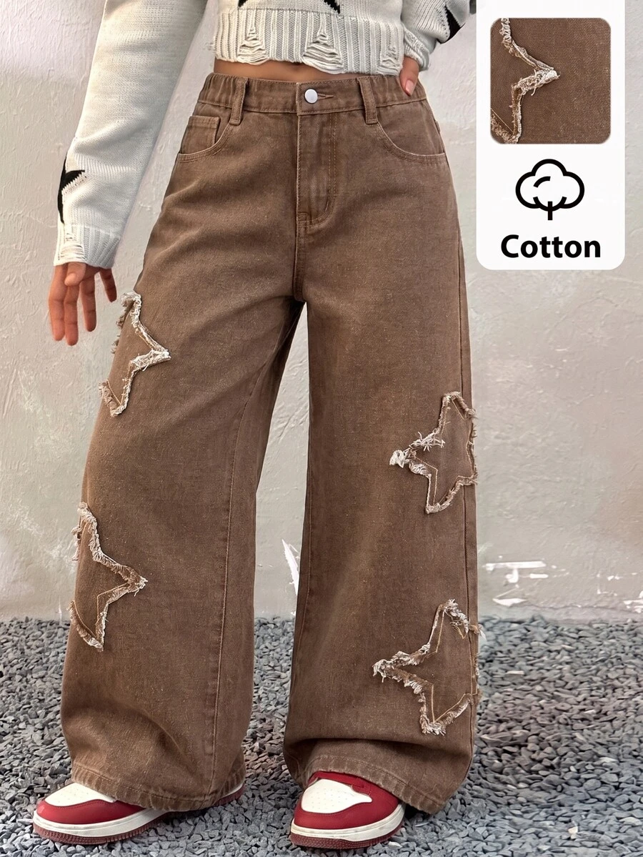 SHEIN Kids Tween Girl Y2k Fashion Casual Ruffled Star-Shaped Brown Loose Wide-Leg Jeans For Black To School - Brown - View 1