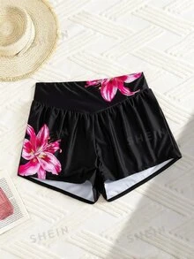 Swim SPRTY Plus Size Women Lily Print Shirred High Waist Bikini Bottom Swim Bottoms For Summer Beach Vacation - Black - View 8