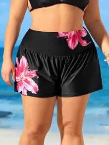 Swim SPRTY Plus Size Women Lily Print Shirred High Waist Bikini Bottom Swim Bottoms For Summer Beach Vacation - Black - View 3