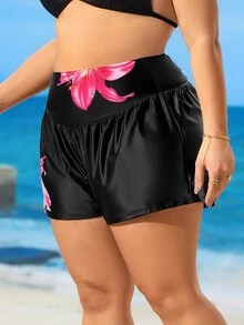 Swim SPRTY Plus Size Women Lily Print Shirred High Waist Bikini Bottom Swim Bottoms For Summer Beach Vacation - Black - View 4