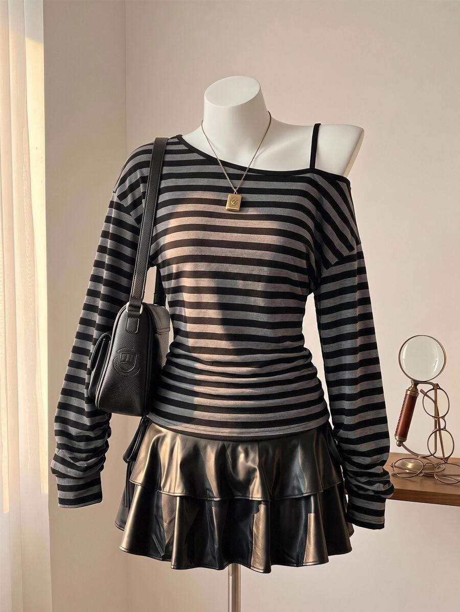 SHEIN 青少年女孩條紋印花不對稱領落肩衛衣 - 彩色 - 查看 1