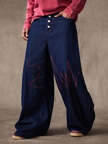 ROMWE MEN Men's Fashion Street Embroidery Button Pocket Denim Jeans - Black - View 7