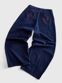 ROMWE MEN Men's Fashion Street Embroidery Button Pocket Denim Jeans - Black - View 8
