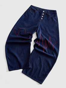 ROMWE MEN Men's Fashion Street Embroidery Button Pocket Denim Jeans - Black - View 1