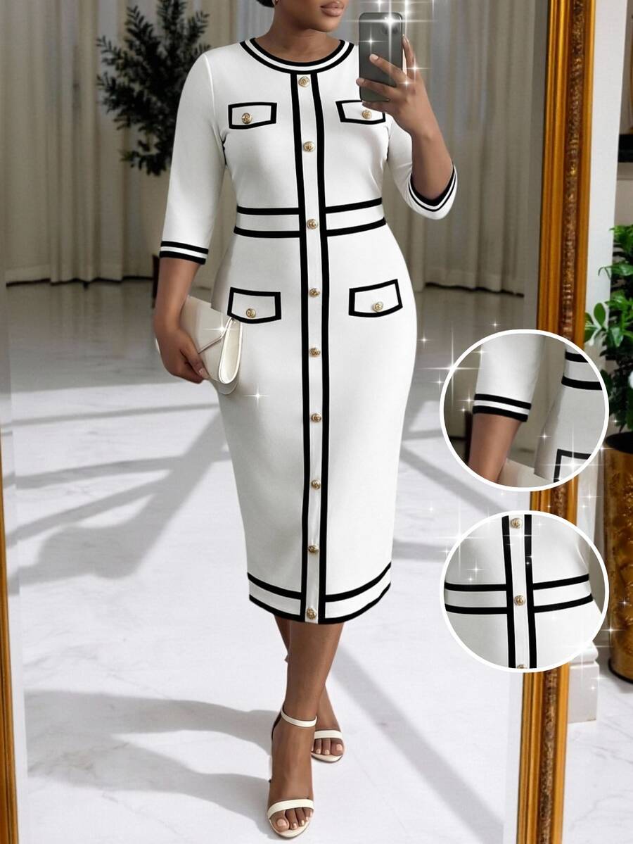 SHEIN Lady CURVE Plus Size Women's Colorblock Casual Daily Summer Travel Dress - Black and White - View 1