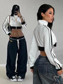 Coolane Women's Fall/Winter Streetwear Vintage Going Out Work Everyday Holiday Essential Basic Cotton Washed Stand Collar Super Cropped Sweatshirt Coat - Black and White - View 2