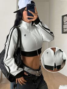 Coolane Women's Fall/Winter Streetwear Vintage Going Out Work Everyday Holiday Essential Basic Cotton Washed Stand Collar Super Cropped Sweatshirt Coat - Black and White - View 4