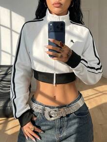 Coolane Women's Fall/Winter Streetwear Vintage Going Out Work Everyday Holiday Essential Basic Cotton Washed Stand Collar Super Cropped Sweatshirt Coat - Black and White - View 3