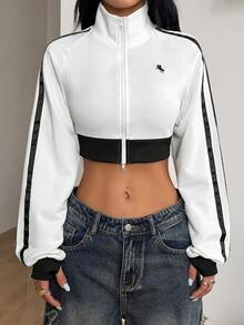 Coolane Women's Fall/Winter Streetwear Vintage Going Out Work Everyday Holiday Essential Basic Cotton Washed Stand Collar Super Cropped Sweatshirt Coat - Black and White - View 5