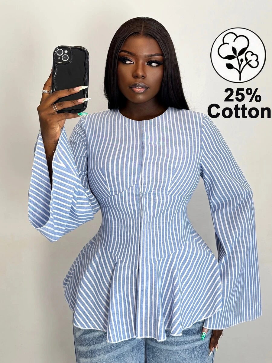 Xyvia Women's Fashion Striped Ruffle Hem Blouse - Blue - View 1