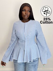 Xyvia Women's Fashion Striped Ruffle Hem Blouse - Blue - View 4