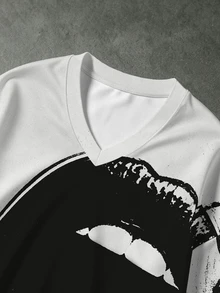 ROMWE MEN Street Life 男士 V 領唇形圖案休閒日常長袖 T 恤 - 黑與白 - 查看 3