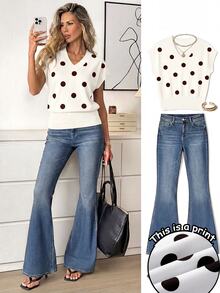 SHEIN LUNE Women's V-Neck Printed T-Shirt, Versatile For Summer Brunch Brown And White Polka Dot Vintage Casual - Multicolor - View 2