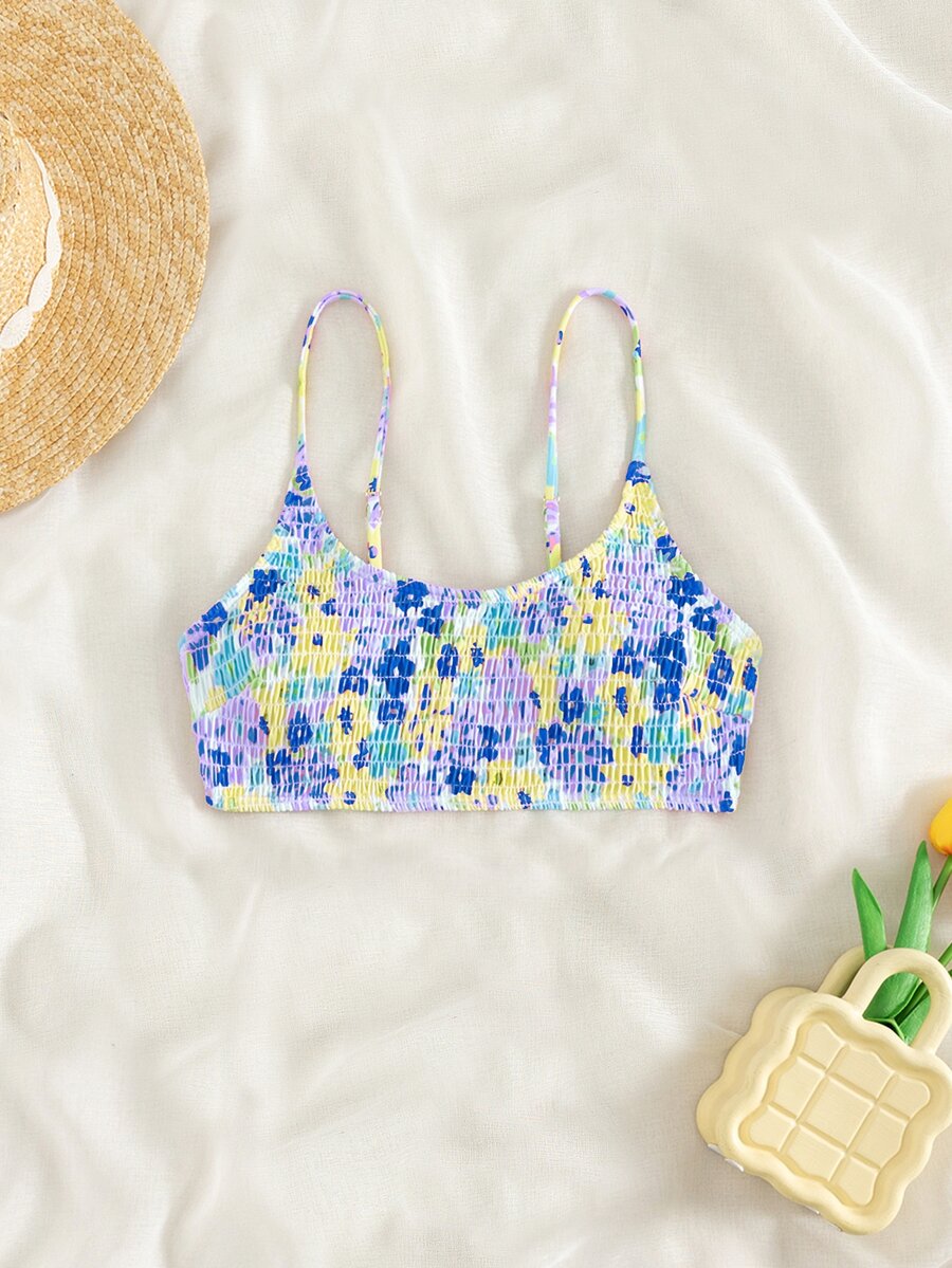 Swim Mod Floral Printed Spaghetti Strap Bikini Top For Swimming, Vacation, Summer Beach - Multicolor - View 1