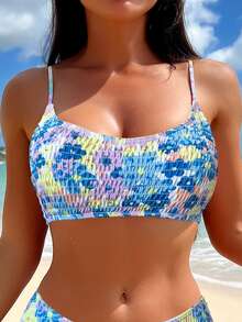 Swim Mod Floral Printed Spaghetti Strap Bikini Top For Swimming, Vacation, Summer Beach - Multicolor - View 5