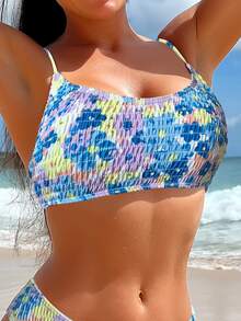 Swim Mod Floral Printed Spaghetti Strap Bikini Top For Swimming, Vacation, Summer Beach - Multicolor - View 6