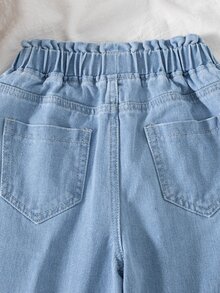 SHEIN 青少年女孩彈性腰寬腿牛仔褲，休閒寬鬆校園風，淺藍色棉質丹寧，柔軟舒適日常百搭，適合春夏假期 - 淺色水洗藍 - 查看 6