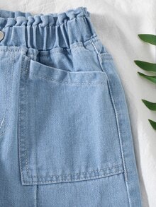 SHEIN 青少年女孩彈性腰寬腿牛仔褲，休閒寬鬆校園風，淺藍色棉質丹寧，柔軟舒適日常百搭，適合春夏假期 - 淺色水洗藍 - 查看 5
