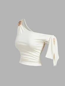 SHEIN MOD 2件組蝴蝶結金屬3D花朵女款不對稱單肩上衣 - 彩色 - 查看 7