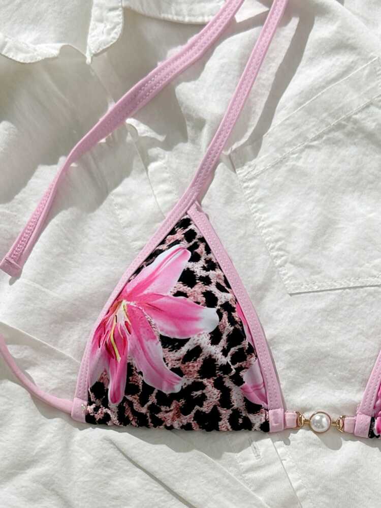Swim Mod Pink Summer Halter Strap Bikini Set,Floral & Leopard Print,Padded Adjustable Tie Side,Casual Beach Holiday Vacation Two Piece Swimwear - Multicolor - View 6