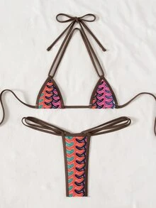 Swim SXY 2pcs/Set New Textured Fabric Micro Triangle Cup Halter Sexy Elegant Vacation Bikini Set, Suitable For Beach, Pool Party - Multicolor - View 4