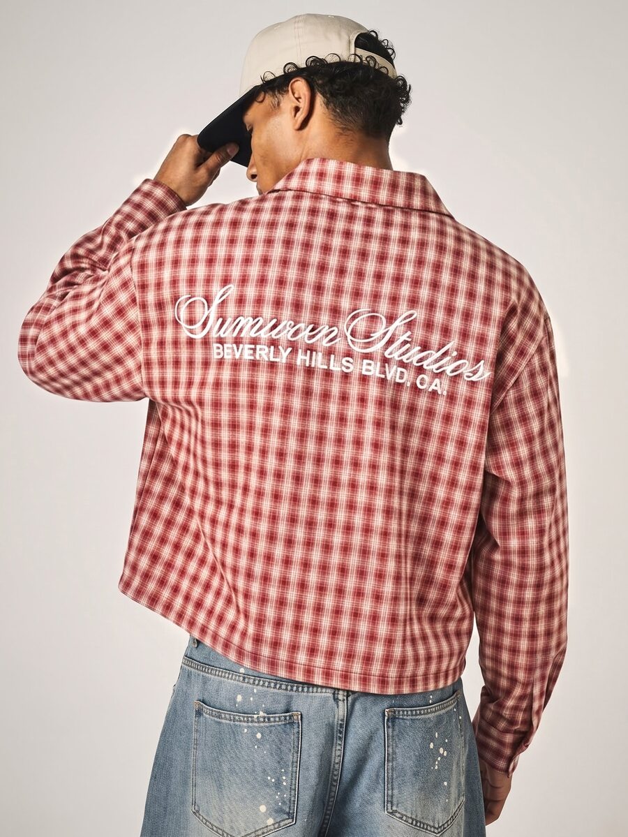 SUMWON Plaid Flannel Shirt With Script Logo Embroidery On Back Collared Long Sleeve Oversized Fit Button-Up Top - Red and White - View 1