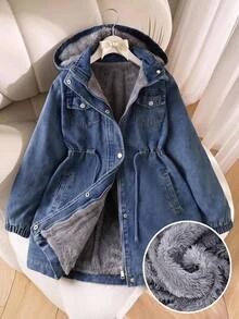 SHEIN 青少年女孩休闲连帽牛仔夹克，抽绳腰部，斜插口袋，松紧袖口，适合上学、购物、散步、旅行，可搭配长袖毛衣、运动裤、长裤 - 藍色 - 查看 11