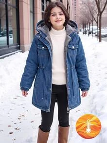 SHEIN 青少年女孩休闲连帽牛仔夹克，抽绳腰部，斜插口袋，松紧袖口，适合上学、购物、散步、旅行，可搭配长袖毛衣、运动裤、长裤 - 藍色 - 查看 3