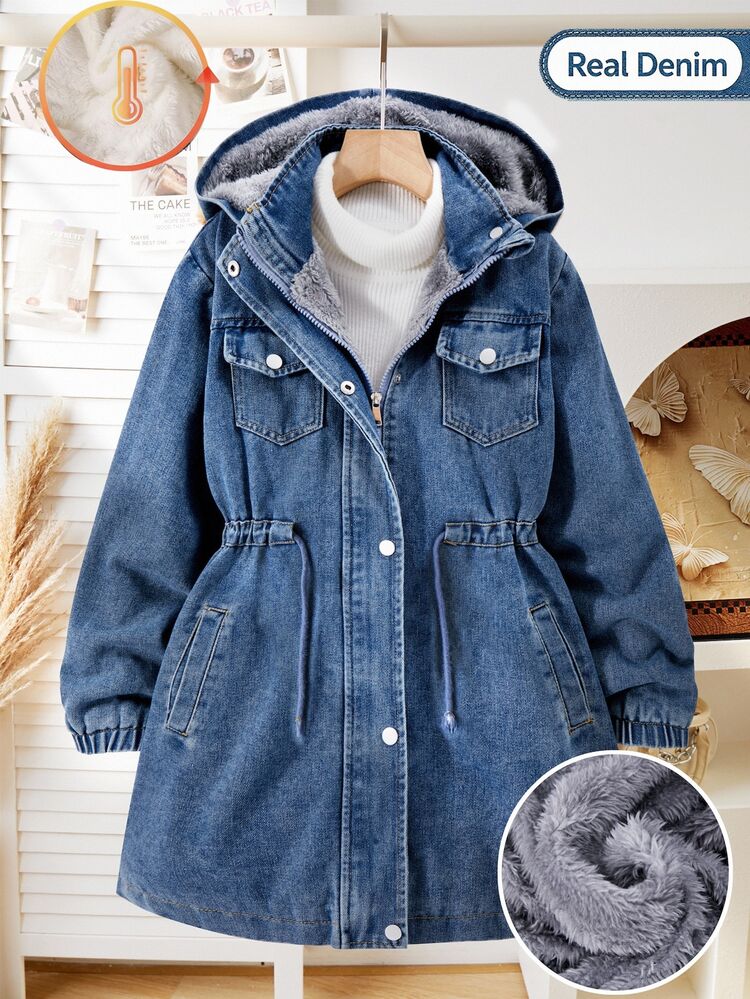 SHEIN Tween Girls Blue Long Sleeve Winter Colour Block Denim Zip Up Jacket,Hooded Casual Back-To-School School Outerwear,Drawstring Waist,Slant Pockets - Blue - View 3