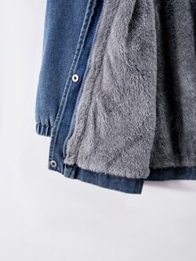 SHEIN 青少年女孩休闲连帽牛仔夹克，抽绳腰部，斜插口袋，松紧袖口，适合上学、购物、散步、旅行，可搭配长袖毛衣、运动裤、长裤 - 藍色 - 查看 7