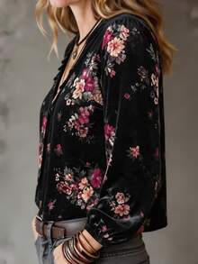 Linhara CURVE Plus Size Lady's Velvet Casual Printed Shirt Fall - Black - View 4