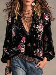 Linhara CURVE Plus Size Lady's Velvet Casual Printed Shirt Fall - Black - View 1