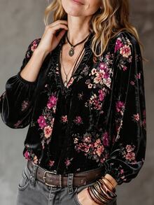 Linhara CURVE Plus Size Lady's Velvet Casual Printed Shirt Fall - Black - View 6